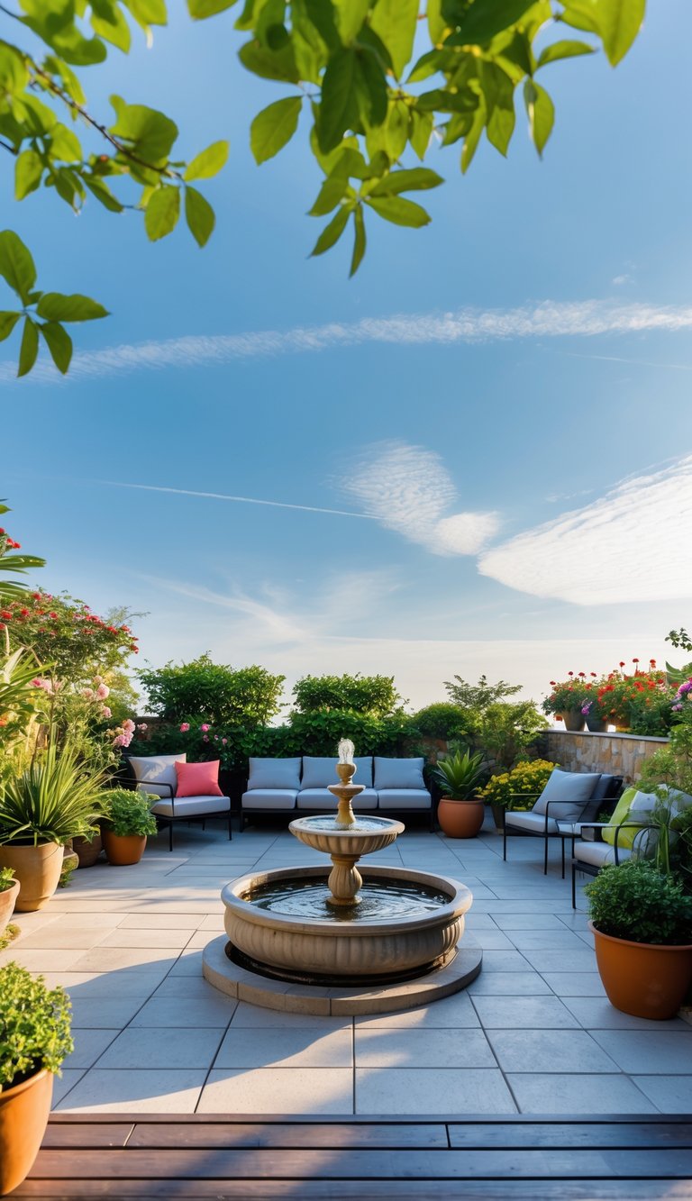 A terrace garden with a small fountain surrounded by plants and outdoor furniture under a clear sky.